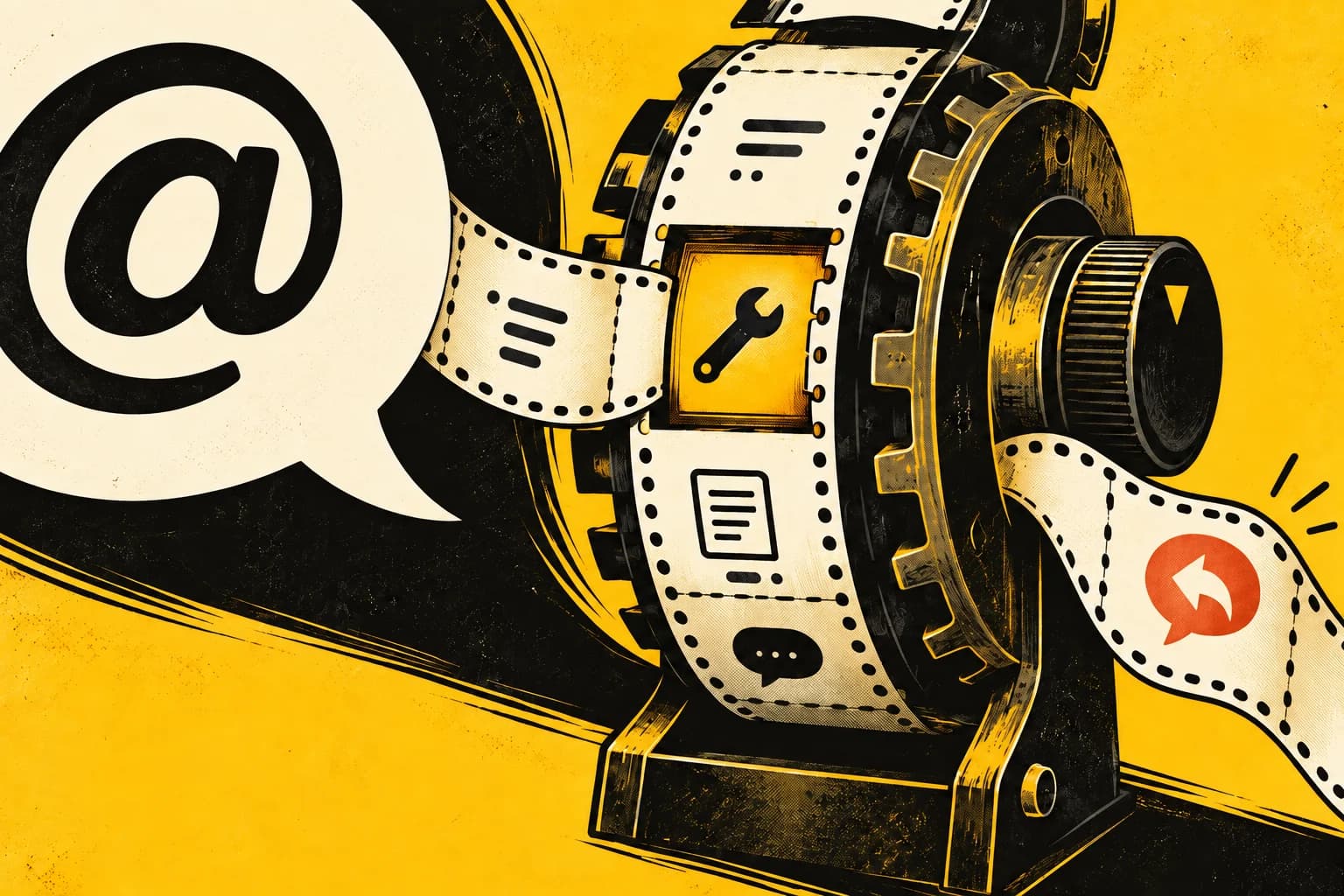 Ilustrasi 0tto dengan percakapan mention yang masuk ke pemilihan tool lottery dan kembali sebagai reply.