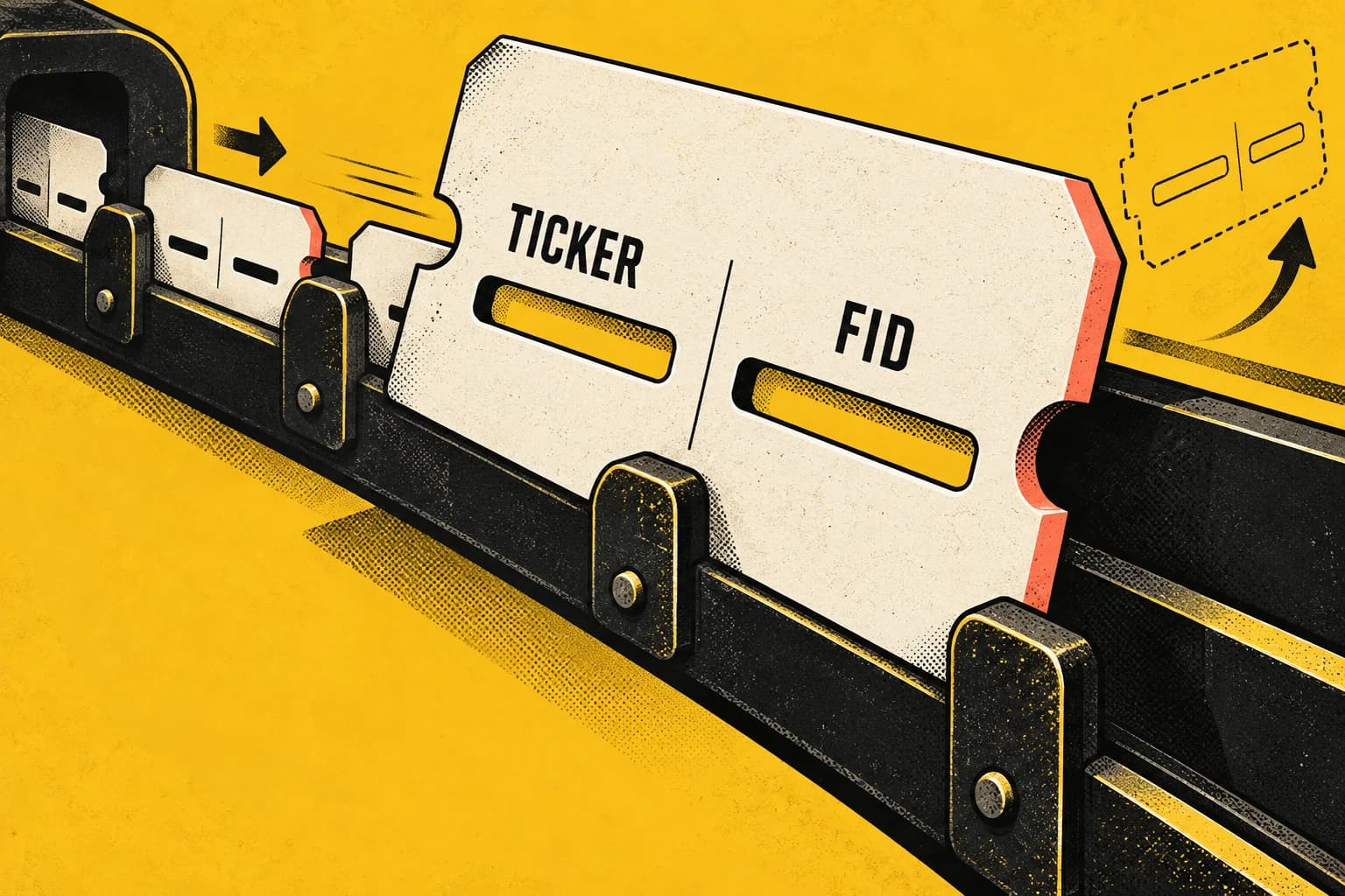 Ilustrasi Clankpad dengan tiket request berindeks TICKER dan FID dalam rangkaian pengajuan.