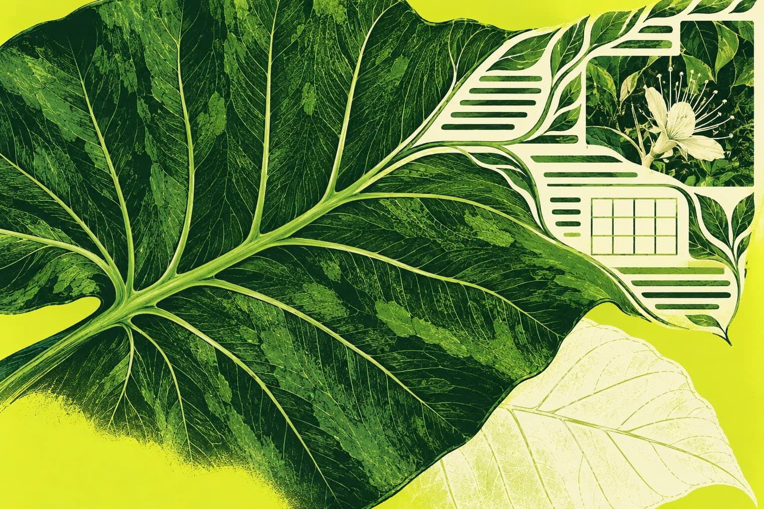 Ilustrasi Eco Park dengan urat daun yang menyatu dengan kolom publikasi, kalender acara, dan garis draf.