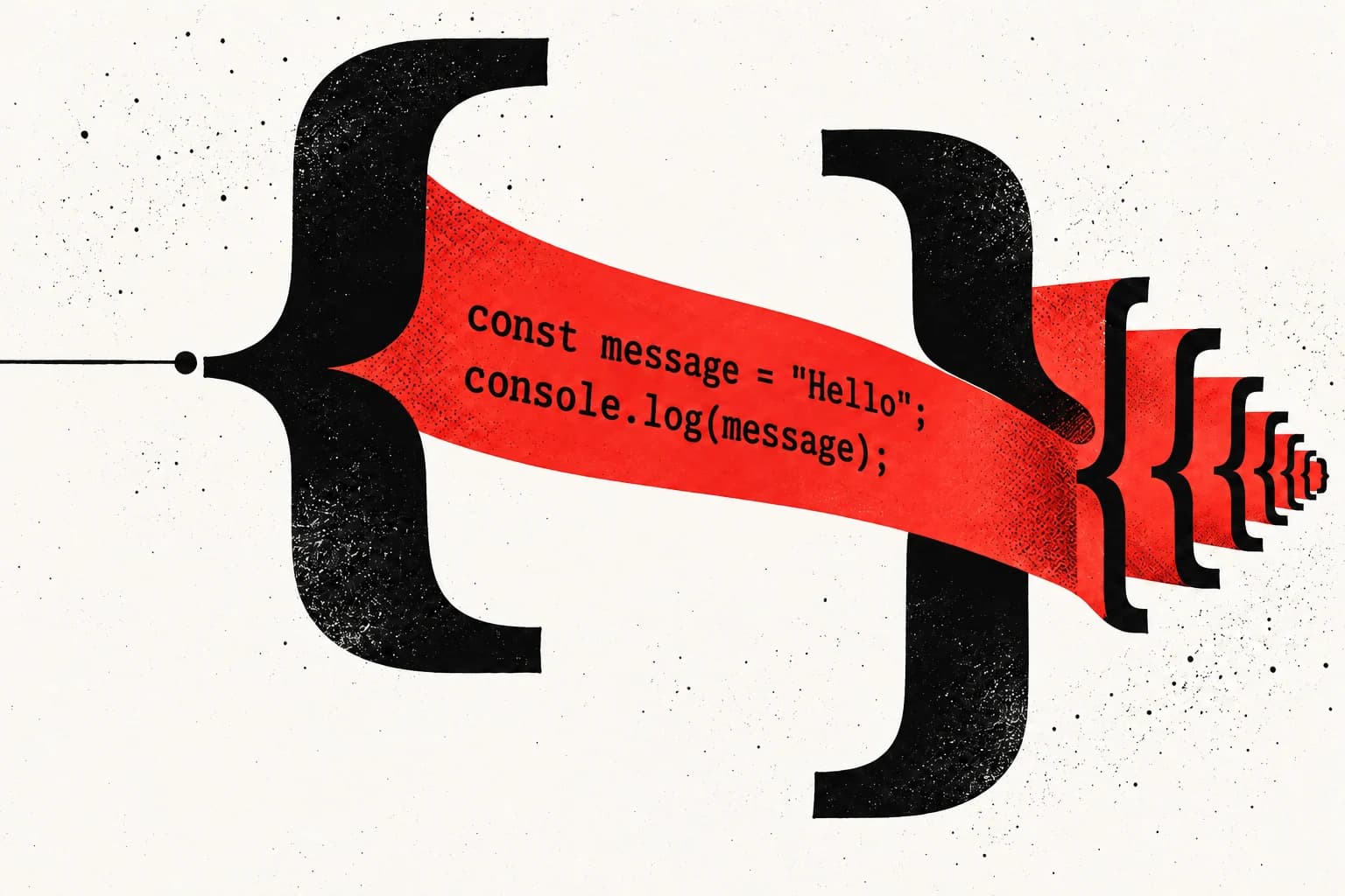 Ilustrasi JavaScript Editor dengan bracket besar, source JavaScript, dan lipatan struktur JSON.