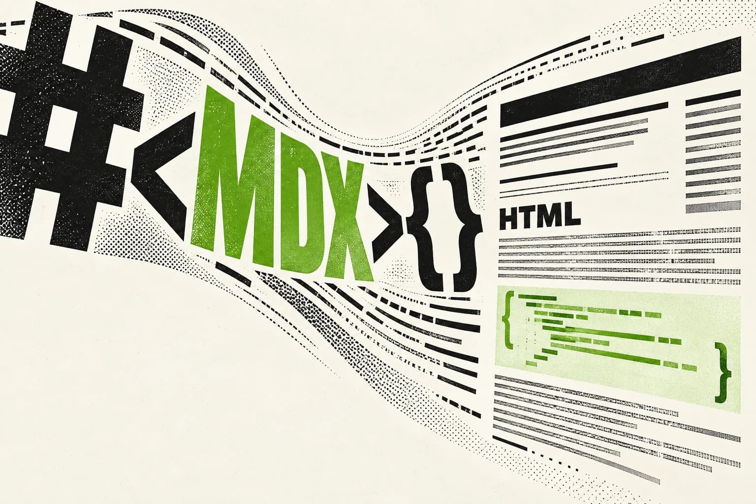 Ilustrasi Kiwi Docs dengan syntax MDX yang berubah menjadi susunan halaman dokumentasi HTML.