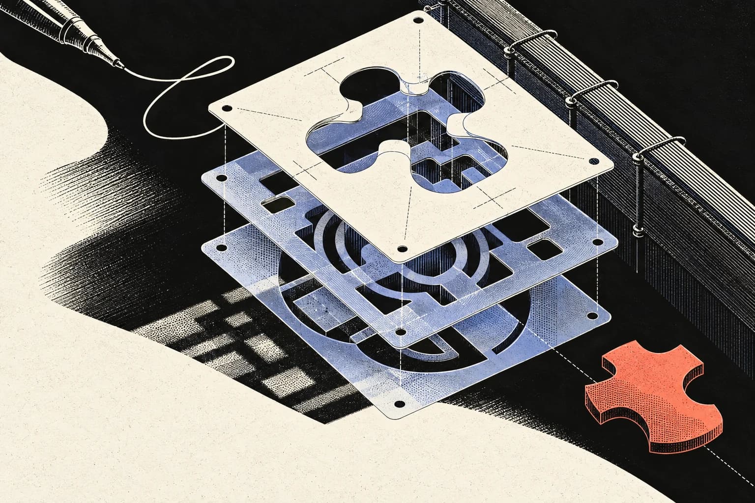 Ilustrasi ProofHub berupa stencil schema, registry, resolver, dan jejak signature yang saling disejajarkan.