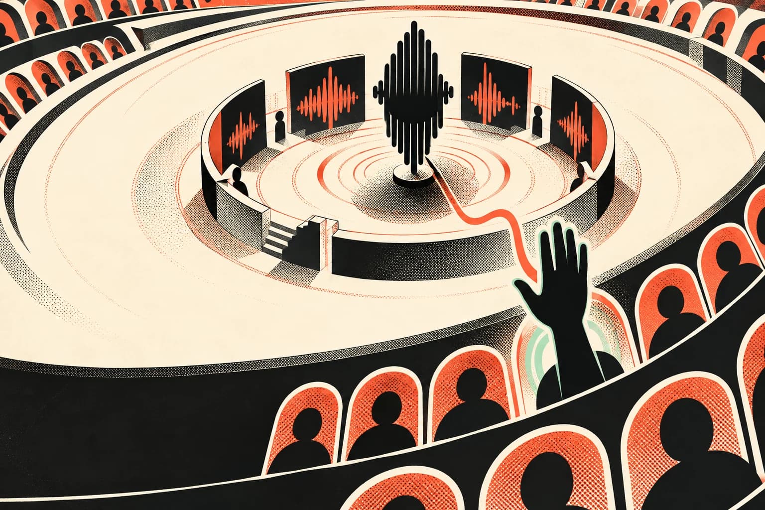 Ilustrasi ShonClub sebagai amphitheatre audio dengan jalur host, speaker, listener, dan tangan yang terangkat.