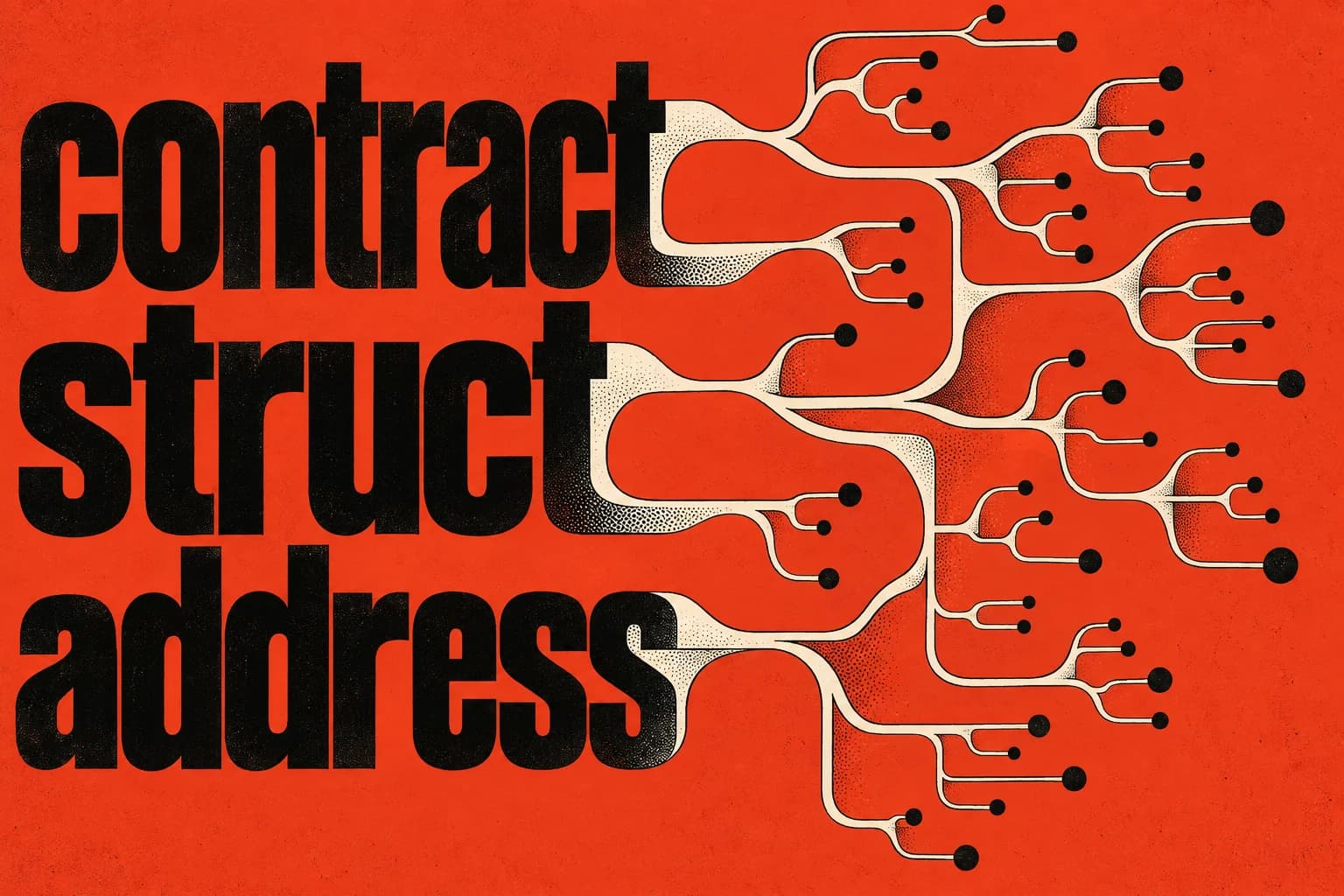 Ilustrasi tipografis Spoken dengan kata contract, struct, dan address yang bercabang menjadi struktur syntax.
