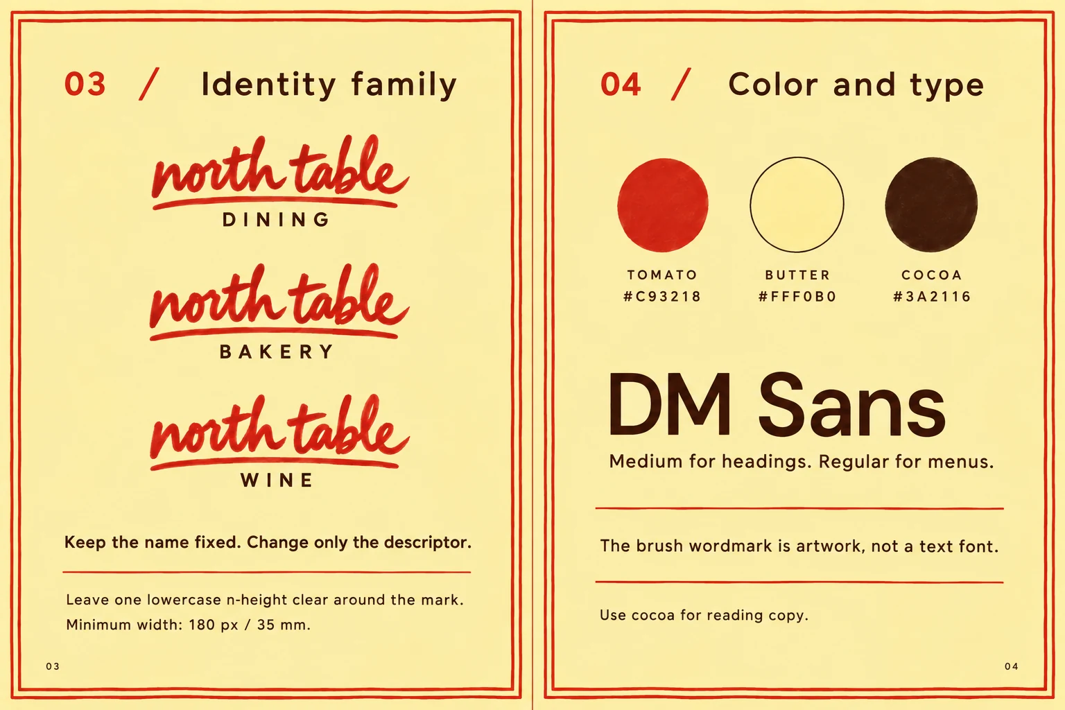 North Table: Identitas, warna, dan huruf