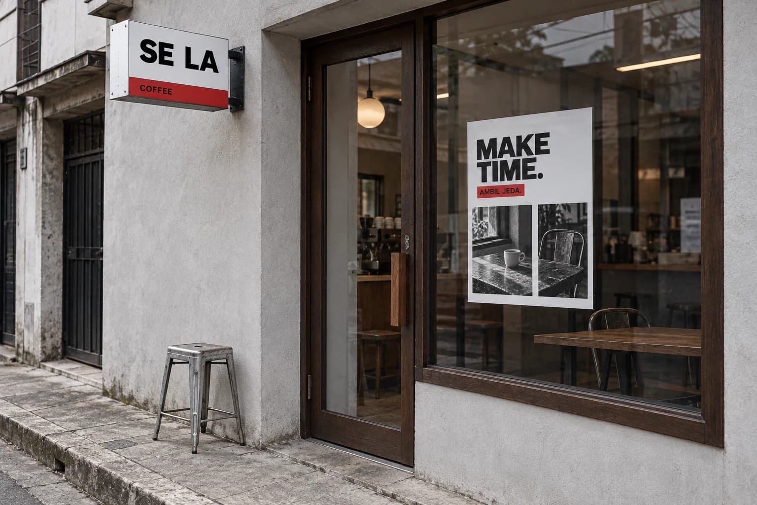SELA: Visualisasi fasad dan papan kafe
