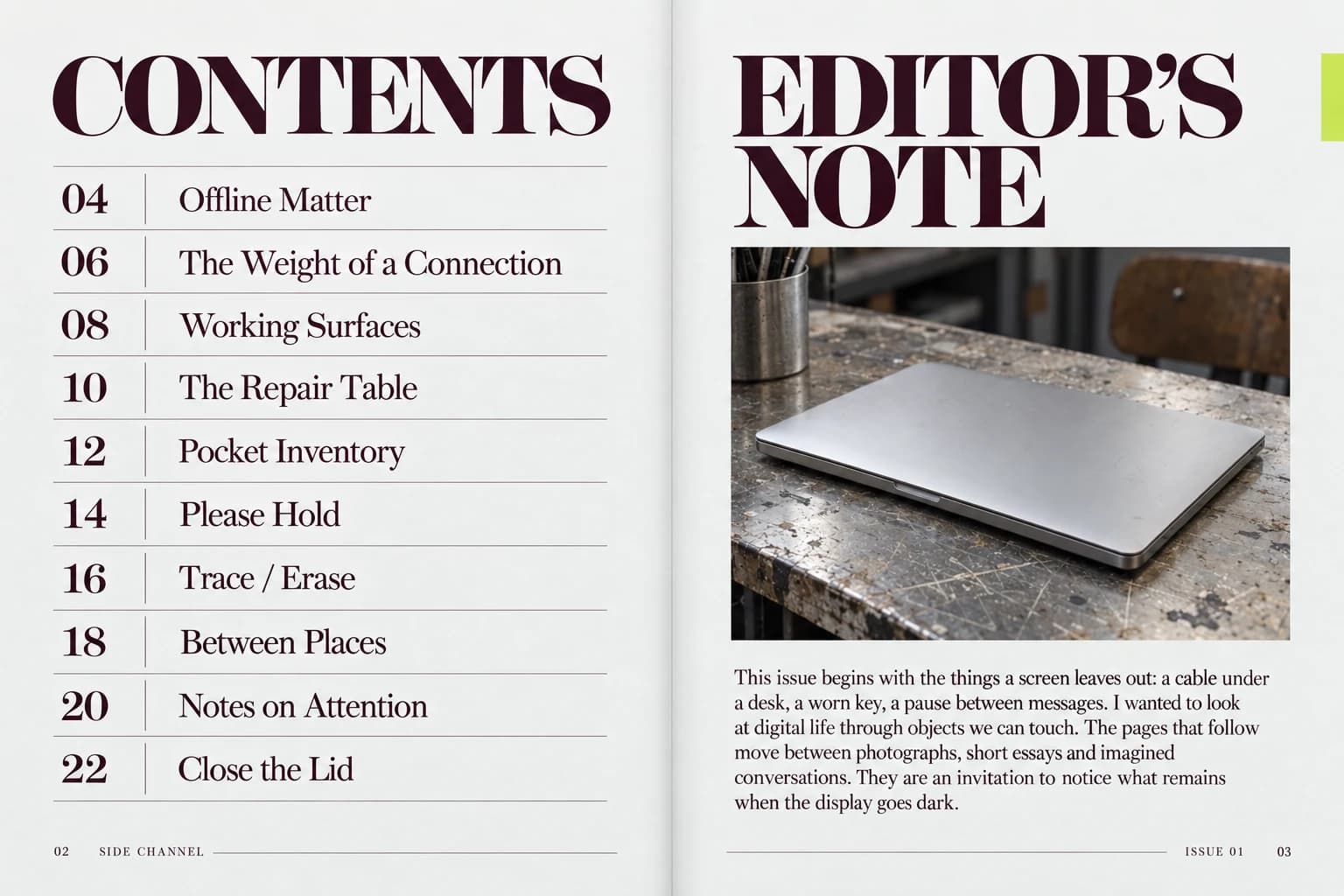 SIDE CHANNEL / Offline Matter: Contents and editor's note / 02–03