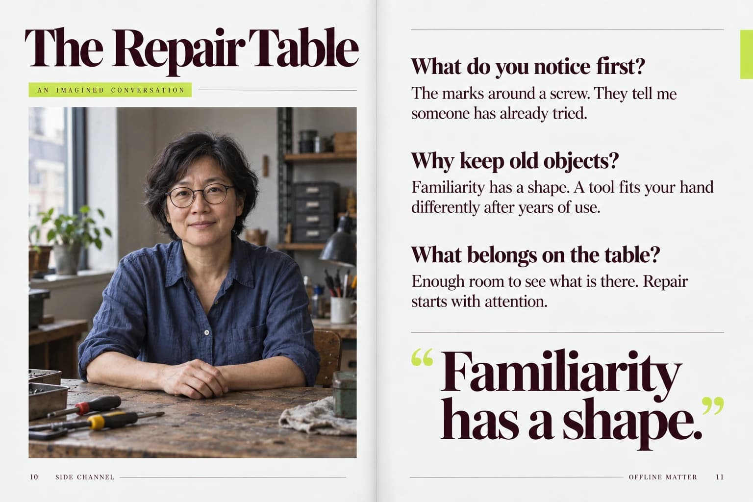 SIDE CHANNEL / Offline Matter: The Repair Table / 10–11