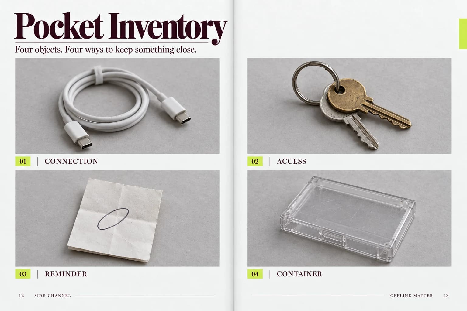 SIDE CHANNEL / Offline Matter: Pocket Inventory / 12–13